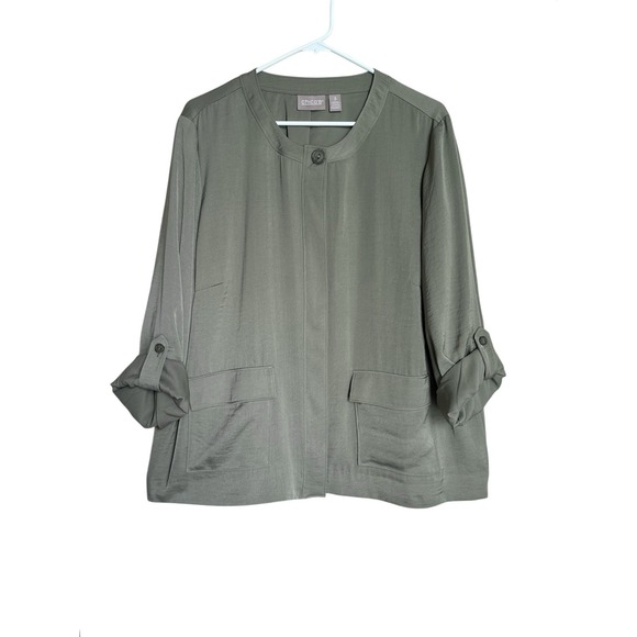 Chico's Soft Lavar 3/4-Sleeve Button Up Jacket Sz 3/ L / 16 Olive Flap Pockets - Picture 1 of 11